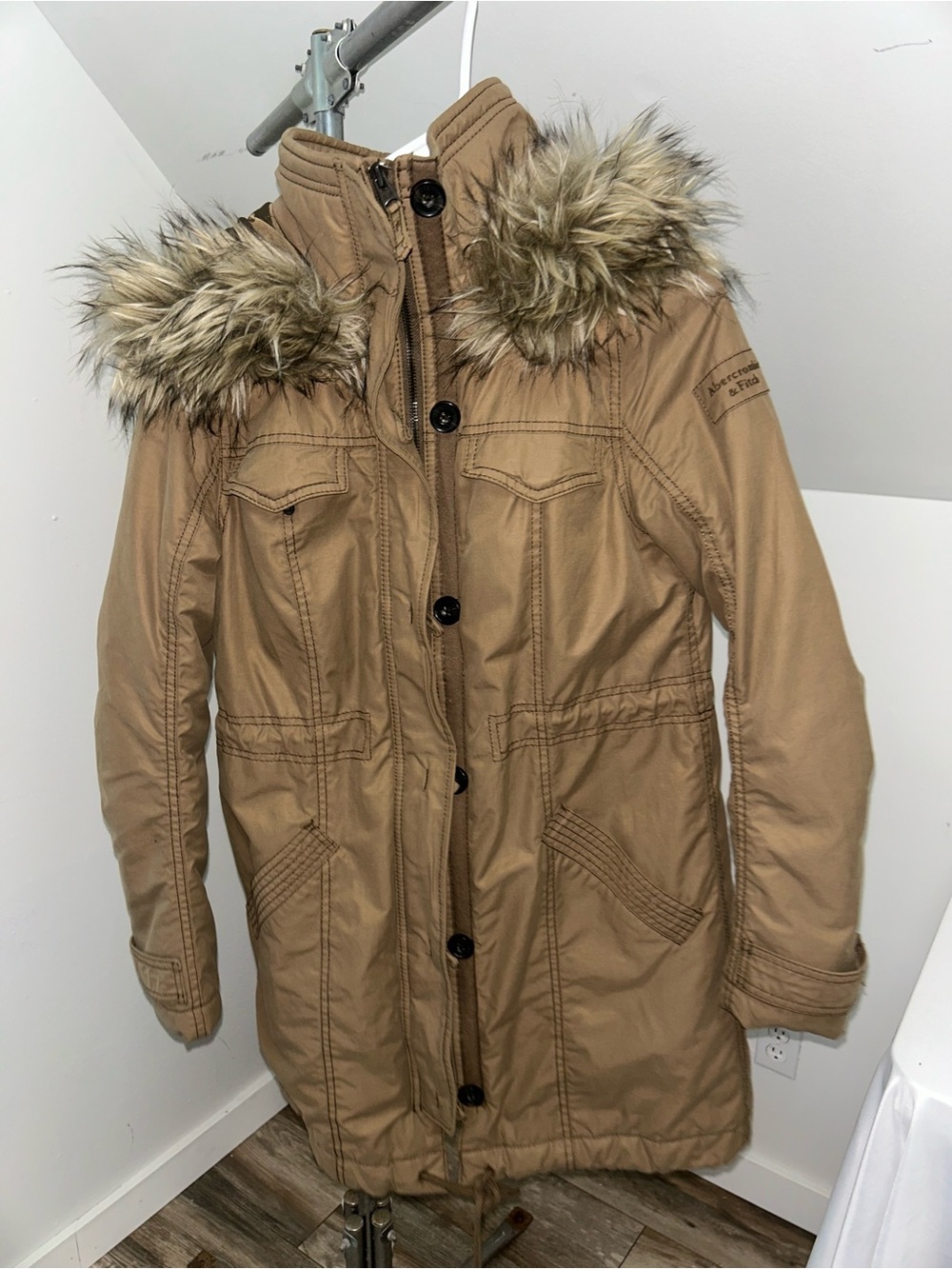 Abercrombie And Fitch Y2 Faux Fur Hooded Parka, Shearling Lined Brown Small